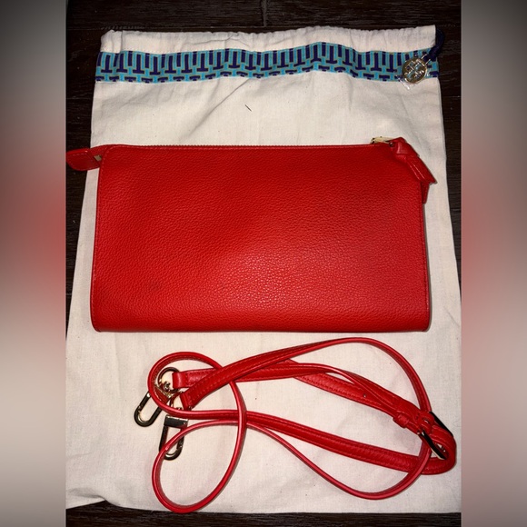 Tory Burch Vibrant Pebbled Red Large Clutch or Crossbody Bag EUC with Dusty - Picture 2 of 9